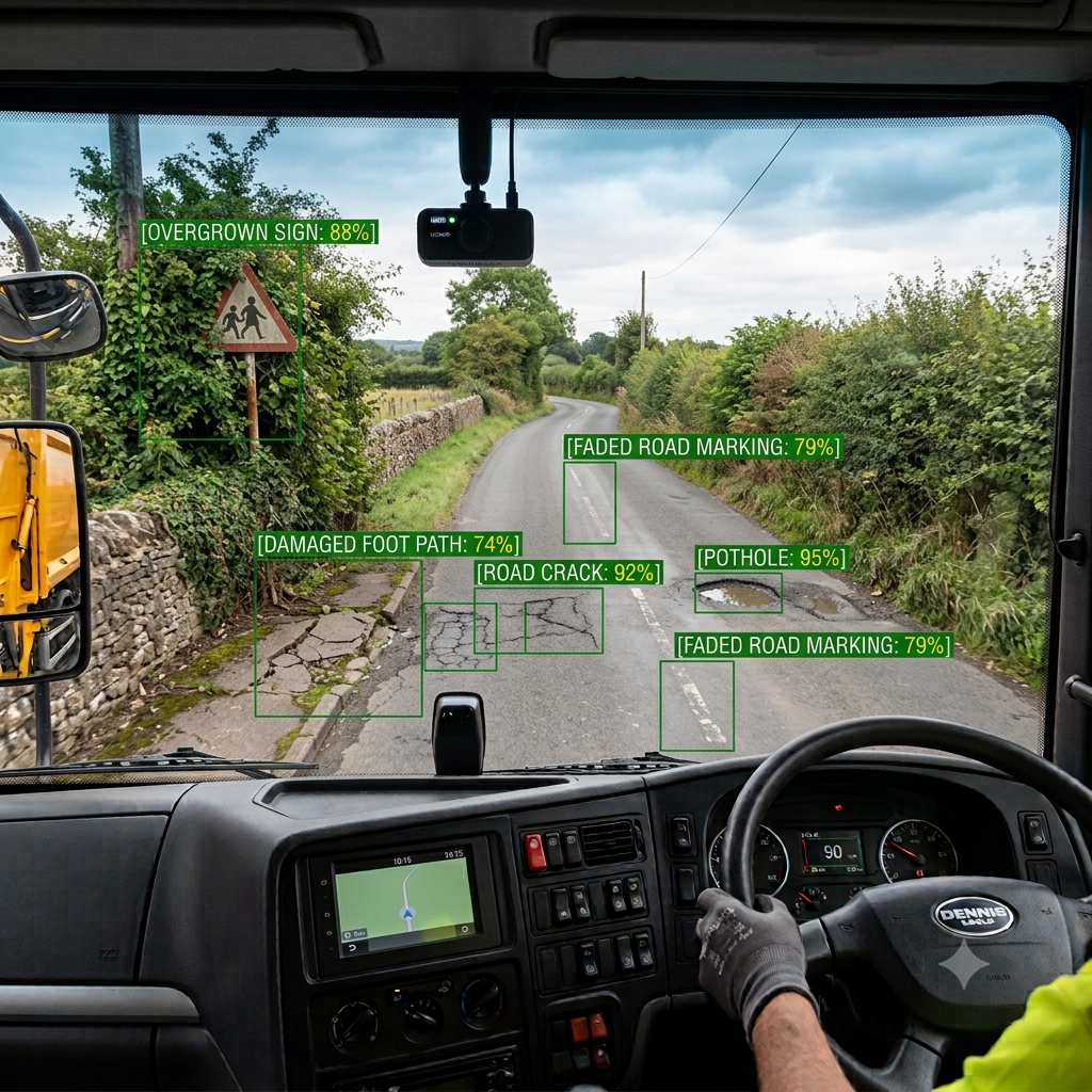Cab-view camera feed with RoadIntel AI detecting potholes, cracks, faded road markings and overgrown signs in real time