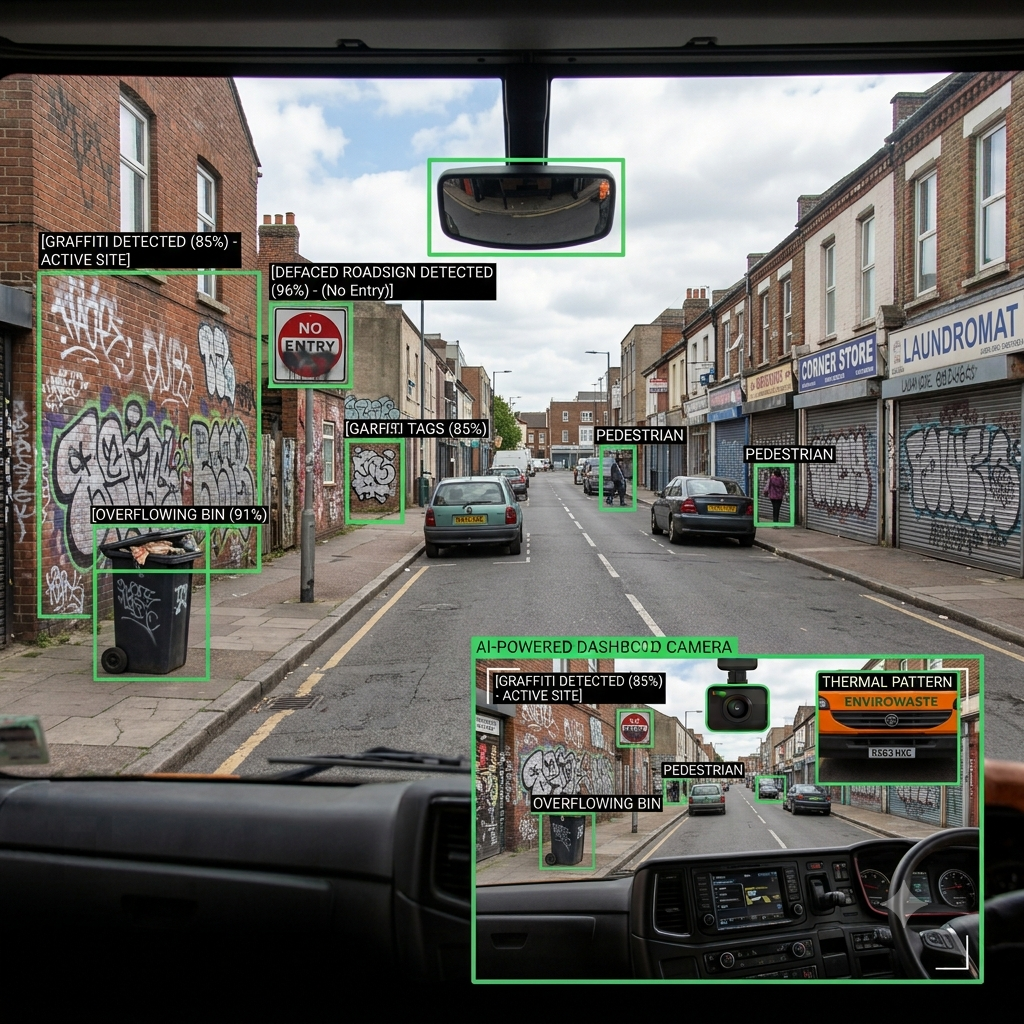 RoadIntel AI detecting road defects and assets from a fleet camera feed